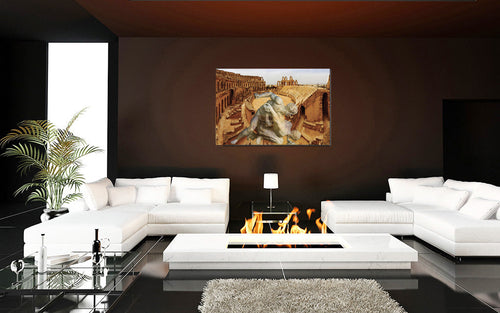 Amphitheater El Jem and the Uffizi Wrestlers acrylic print by Storaro Art Collection - Classical wrestling sculpture in Roman amphitheater with golden atmosphere in luminous premium wall art